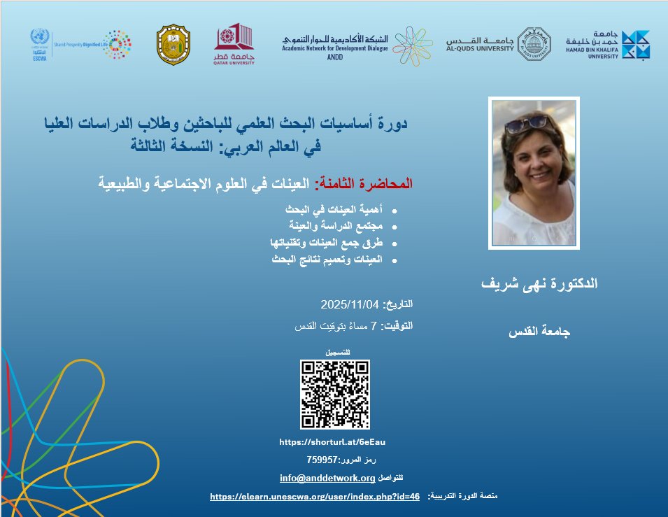 You are invited to attend a new session of the ongoing training course “Research Fundamentals,” titled: “Sampling in Social and Natural Research.”
Registration Link:
alquds.zoom.us/webinar/regist…