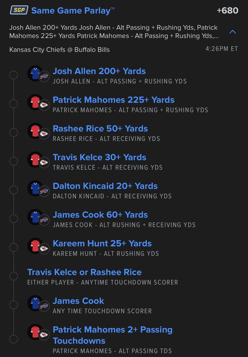 Happy NFL Sunday 💰🏈 

Here’s 3 parlays for today 

1pm and 4pm parlay 
Passing TDs parlay 
Chiefs vs Bills parlay 

Links down below, LETS HAVE A GREAT DAY💰💰💰💰🙏🙏🙏