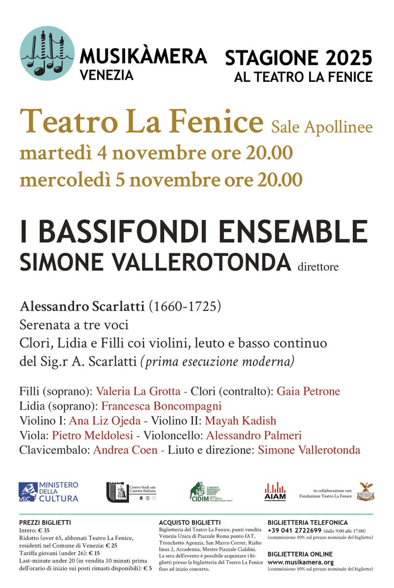 Musikamera_Ve's tweet photo. Chiude il 4 e 5 novembre con una Serenata di Alessandro Scarlatti eseguita da I Bassifondi Ensemble la Stagione 2025 alla Fenice. - https://t.co/vO1EDloXKL https://t.co/ddWEDEMmKi