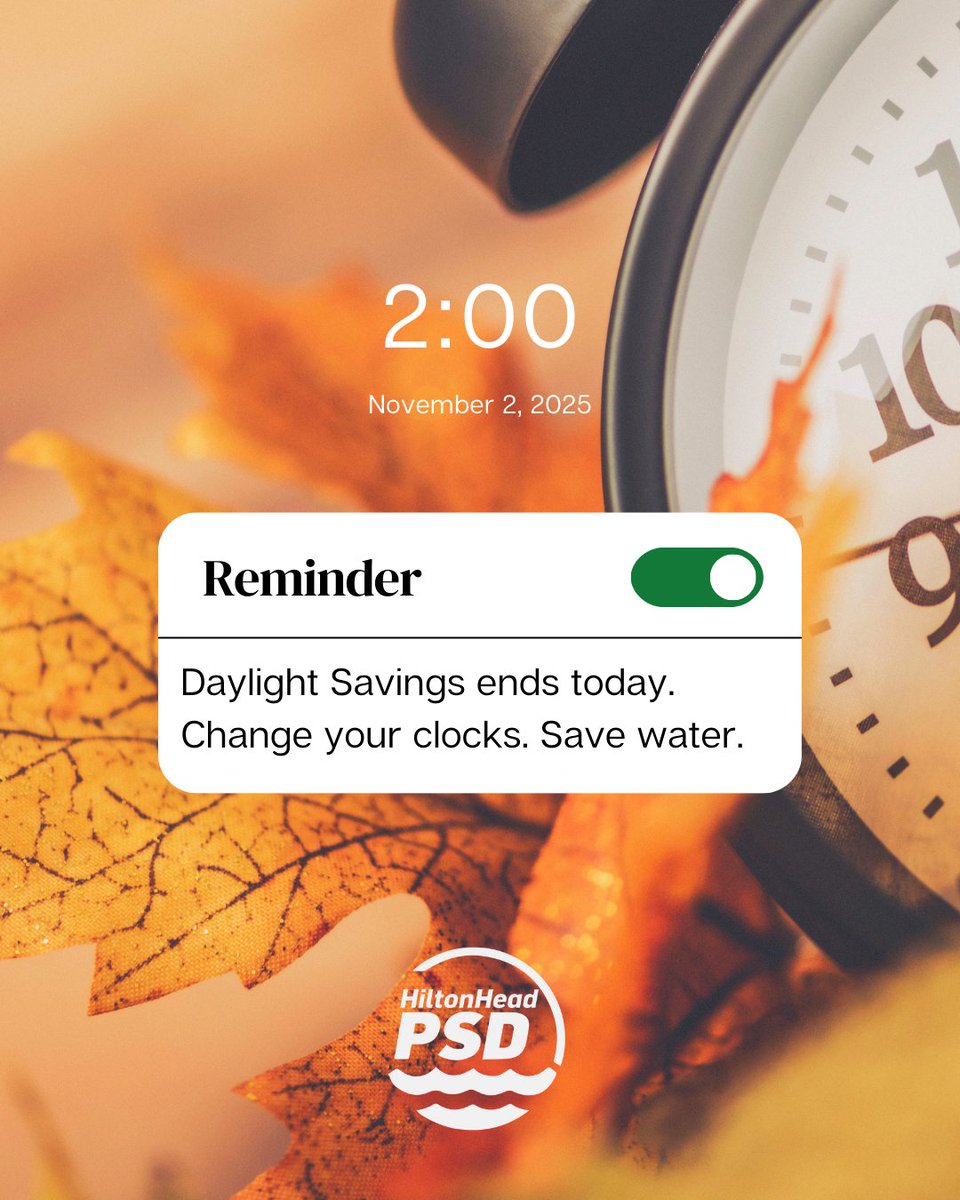 hiltonheadpsd's tweet image. Daylight Savings Day ends today.

When you turn back your clocks, turn back your water use by checking your irrigation controller to adjust outdoor water use with the cooler weather:
hubs.ly/Q03LmBmb0

#WaterSensePartner #DaylightSavings #Irrigation