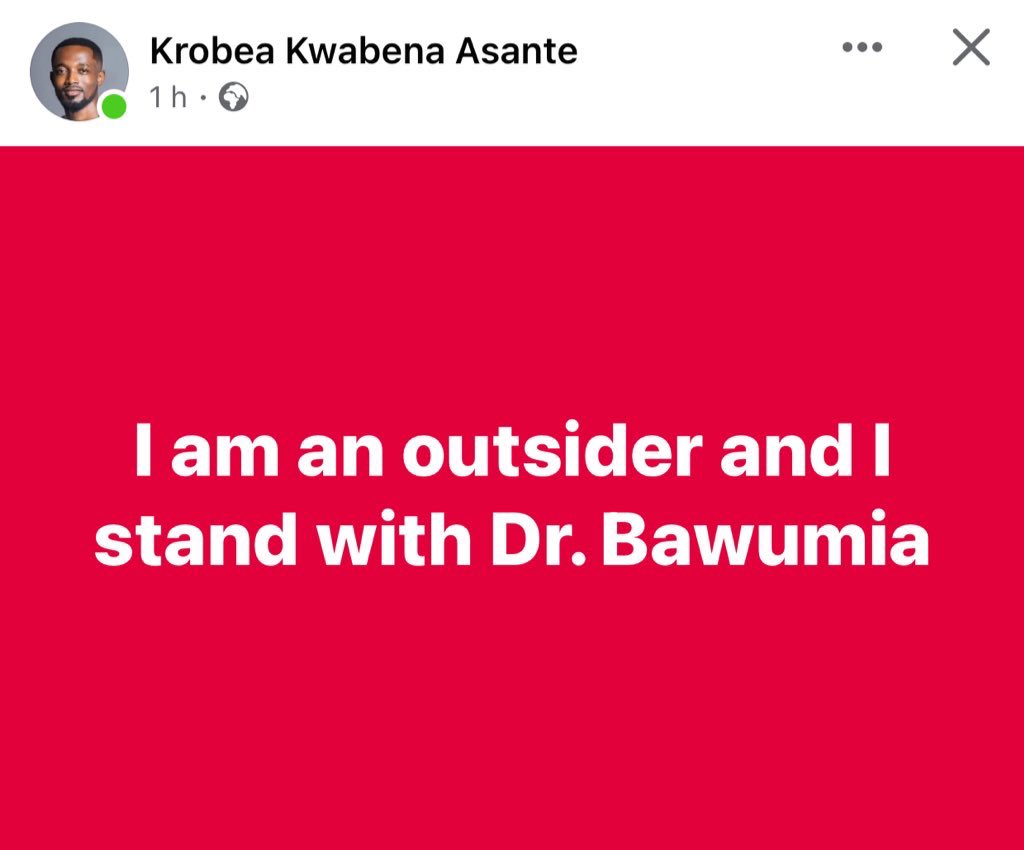 Gen_Buhari_'s tweet image. Why is this phrase “I am OUTSIDER and I stand with Dr. Bawumia” trending on facebook? 

What’s happening??? 🤔

Let’s also trend it here on X by using the hashtag #IamOutaiderButIStandWithDrBawumia