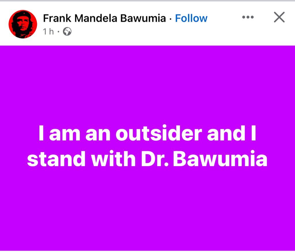 Gen_Buhari_'s tweet image. Why is this phrase “I am OUTSIDER and I stand with Dr. Bawumia” trending on facebook? 

What’s happening??? 🤔

Let’s also trend it here on X by using the hashtag #IamOutaiderButIStandWithDrBawumia
