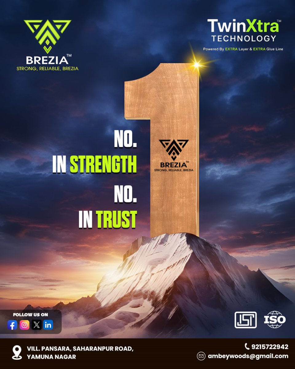 AmbeyWoods's tweet photo. 🏆 Brezia — The Name You Can Trust, The Strength You Can Rely On! 💪
Built with TwinXtra Technology, Brezia stands No.1 in Strength and No.1 in Trust — ensuring unmatched durability for every project. 🌲✨

#Brezia #StrongReliableBrezia #TwinXtraTechnology #QualityPlywood https://t.co/noPHG3HtQV