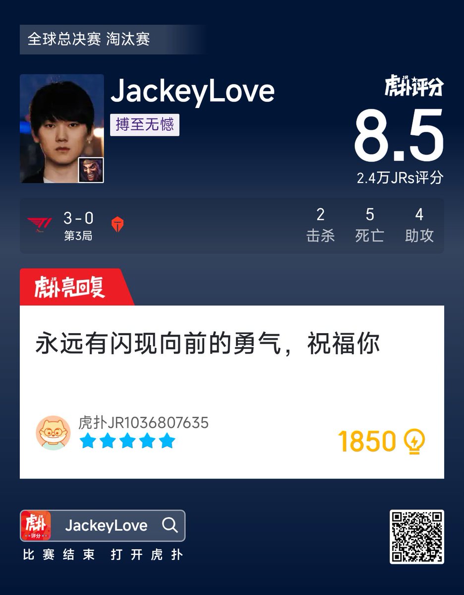 HupuEsports's tweet photo. JackeyLove gets 8.5 for Game 3 against T1:

"You were the glorious RISE of LPL, also the ending fall of LPL. Goodbye JackeyLove"

"You've always got the courage to flash forward. Wish you all the best"

#Worlds2025 #LPL #TESWIN https://t.co/jOeKrMryXt