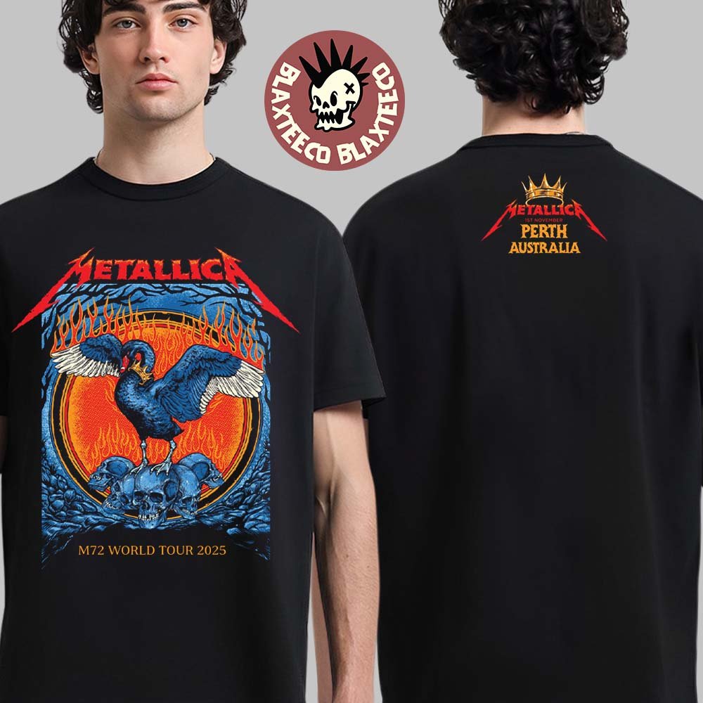 blaxteeco's tweet photo. Metallica M72 Perth Australia 2025 Venue Tee At Optus Stadium On 1 November 2025 The Black Swan Two Sided T-Shirt #Metallica #M72Perth
>>> Check it here: https://t.co/KBzS1f8cHp https://t.co/EDM0XJGBbF