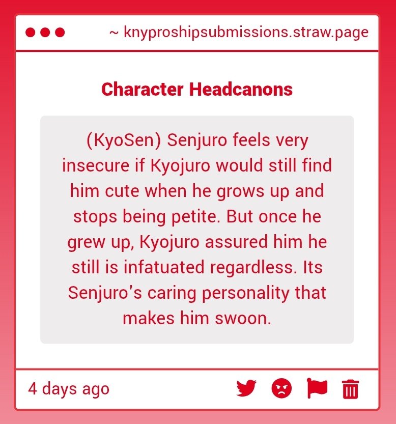 knyproshiphcs2's tweet photo. Ship headcanons: Kyoujuro x Senjuro #kyosen
https://t.co/jUmficxn1b https://t.co/4O7RjH2CeJ