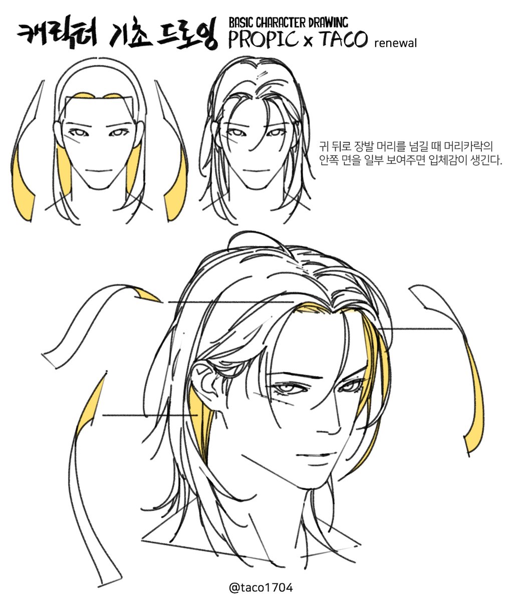 taco1704's tweet image. 귀 뒤로 장발 머리를 넘길 때 머리카락의 안쪽 면을 일부 보여주면 입체감이 생긴다.