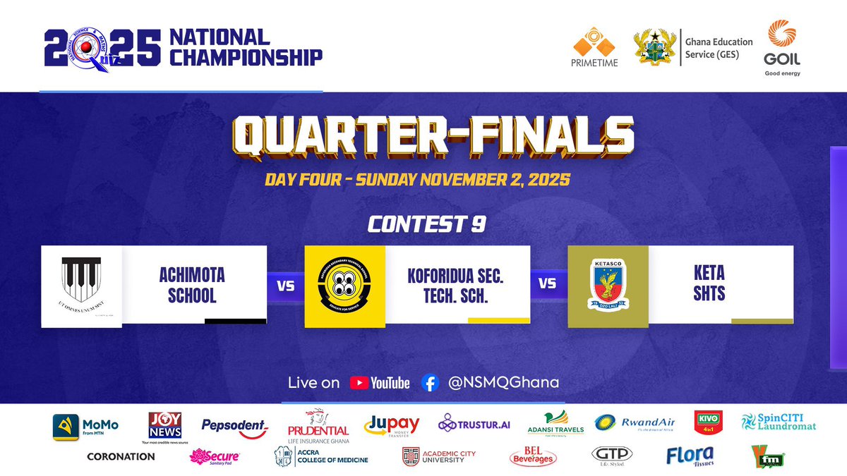 CampusHypeCrew's tweet photo. The last slot for the Semifinals would be determined today! Who picks it up? 

ACHIMOTA | KSTS | KETA - 🆙 NEXT!

#NSMQ2025 #NSMQQuarters #CampusHypeCrew🇬🇭 https://t.co/xM97VOK3O0