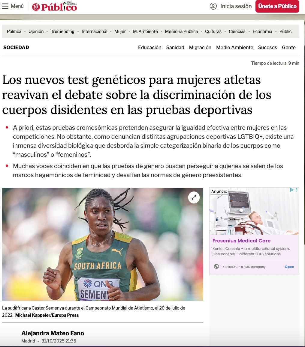ContraBorrado's tweet photo. ¿Por dónde se empieza a desmentir este artículo de @publico_es  que es manipulación de la primera a la última letra? Pues por el principio, por ejemplo.

❌Por un titular que con ese “cuerpos disidentes” ya crea el marco ideológico que interesa al periódico: el debate no es sobre el derecho de las atletas a una competición justa y equitativa entre iguales. El debate se sitúa en las “disidencias”, en “el desafío a las normas de género”, en “los cuerpos disidentes”.

❌A continuación, la interesada confusión sexo/género (“demostrar su género”, “pruebas de género”…) y cabriolas retóricas imposibles como que la presencia de cromosomas masculinos asegure el futuro de las mujeres en el deporte.

❌Y, como no: el caso Semenya, que a pesar de lo que pretenda la periodista, ni es una “disidencia” ni es una mujer con “niveles naturalmente altos de testosterona”. Semenya es un hombre con Diferencias de Desarrollo Sexual que ha reconocido tener hijos biológicos, no tener útero y sí testículos internos.

❌A la periodista no le parece necesario recabar la opinión de las perjudicadas: las atletas. Ni de expertas que, con argumentos científicos, sitúan el debate en las ventajas competitivas derivadas de un desarrollo con testosterona. Sí habla con transactivistas y con organizaciones LGTB. 

❌El sujeto político se desplaza: lo que es un debate feminista sobre los derechos de las mujeres se presenta como una cruzada  para “perseguir aquellos cuerpos que rebasan los marcos hegemónicos de feminidad”.

✅En el deporte, no compiten ni sentimientos, ni disidencias. Compiten lo cuerpos. Y un cuerpo de sexo masculino -un hombre- hace trampa si compite contra las mujeres. No hay más.