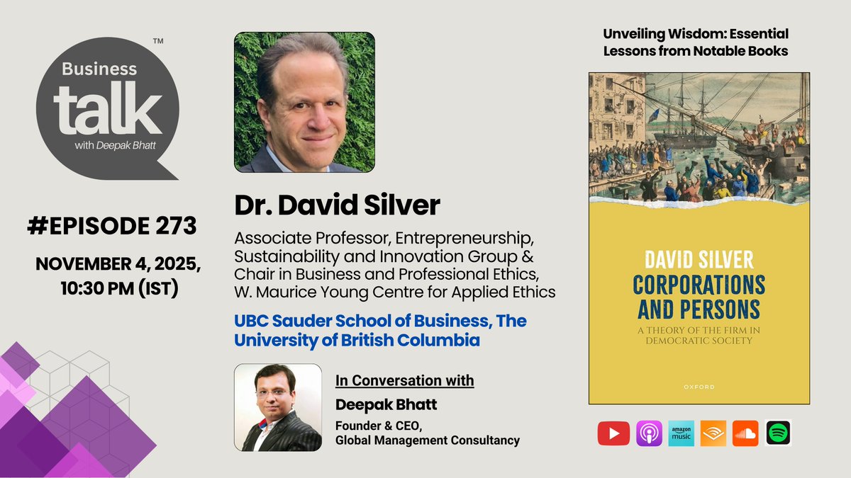 We’re delighted to welcome Professor David Silver from the <a href="/UBC/">University of British Columbia</a> as our next podcast guest! He shares insights from his latest book “Corporations and Persons: A Theory of the Firm in Democratic Society.”

#Businesstalk <a href="/mitpress/">The MIT Press @mitpress.bsky.social</a> #BusinessEthics #PhilosophyInBusiness