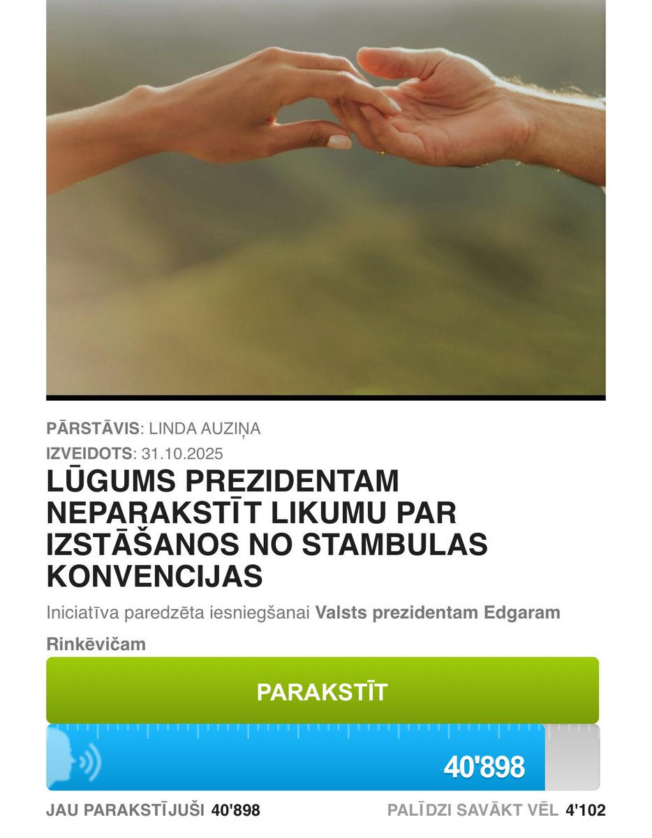 🇱🇻🤝40 tūkstoši parakstu divās dienās.

Šī ir visstraujāk parakstītā manabalss.lv iniciatīva Latvijas vēsturē.

Mums visiem rūp drošība ģimenē un Saeimā to nesaprot.