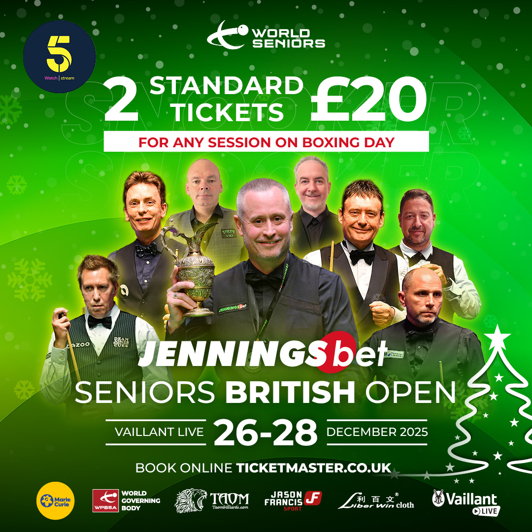 What a bargain! 🤯  For the Seniors British Snooker Open at Vaillant Live this Christmas, you can book 2 TICKETS FOR £20 on any session on Boxing Day!

It's getting closer to this high-stakes tournament - don't miss out and book your tickets now: The Seniors British Open 2025