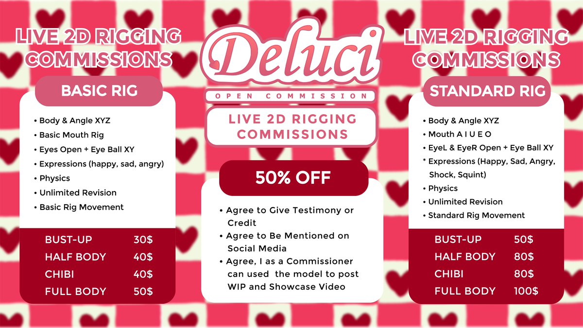Deluci666's tweet photo. Come and get 50% off, it's only for a limited time.

Basic/Standard
1.Bust Up= 30$>15$ / 50$>25$
2.Half Body/Chibi= 40$>20$ / 80$>40$
3.Full Body= 50$>25$ / 100$>50$

More Info: https://t.co/0StpPkfBQ5

#Live2D #VtuberEN #ENVtuber #Live2dCommission #Vtuber #Live2DShowcase https://t.co/bunXoEwacO