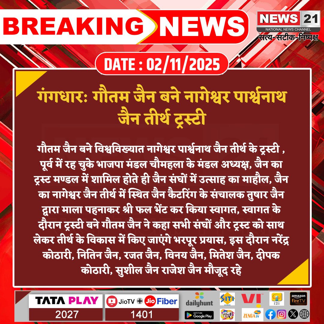 news21national's tweet photo. #Gangdhar: गौतम जैन बने नागेश्वर पार्श्वनाथ जैन तीर्थ ट्रस्टी
#GautamJain #NageshwarJain #TrusteeAppointment #JainCommunity #BreakingNews #LatestNews #HindiNews #News21 #News21National
@GoverdhanS40076 https://t.co/LMj91Iu0Av
