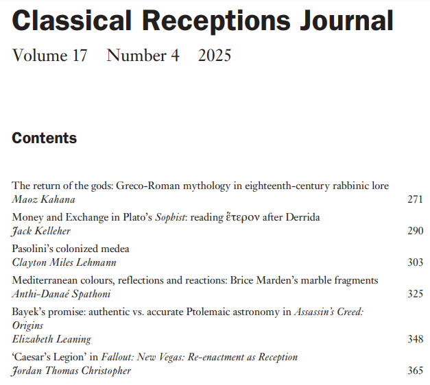 ACRSN_org's tweet image. #TOC #CRJ Classical Receptions Journal - Volume 17, Issue 4, October 2025 academic.oup.com/crj/issue/17/4
