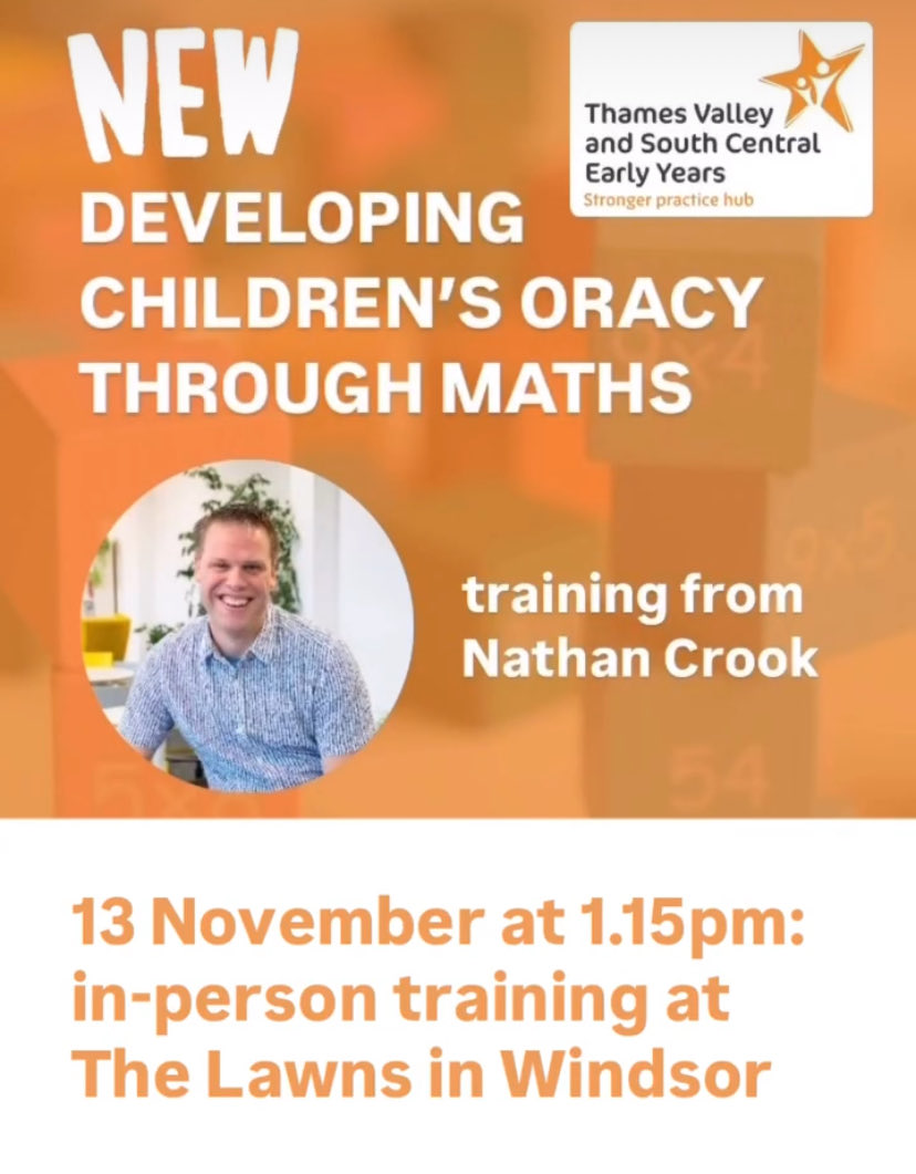 Nathan’s afternoon workshop will explore ways in which talk‑rich maths experiences can be provided to children in EYFS.

Book your place with Gen: admin@tveysph.org

#earlyyearseducator #childminder #earlyyearsteacher #eyfs #mathsineyfs #numeracymatters #earlytalk
