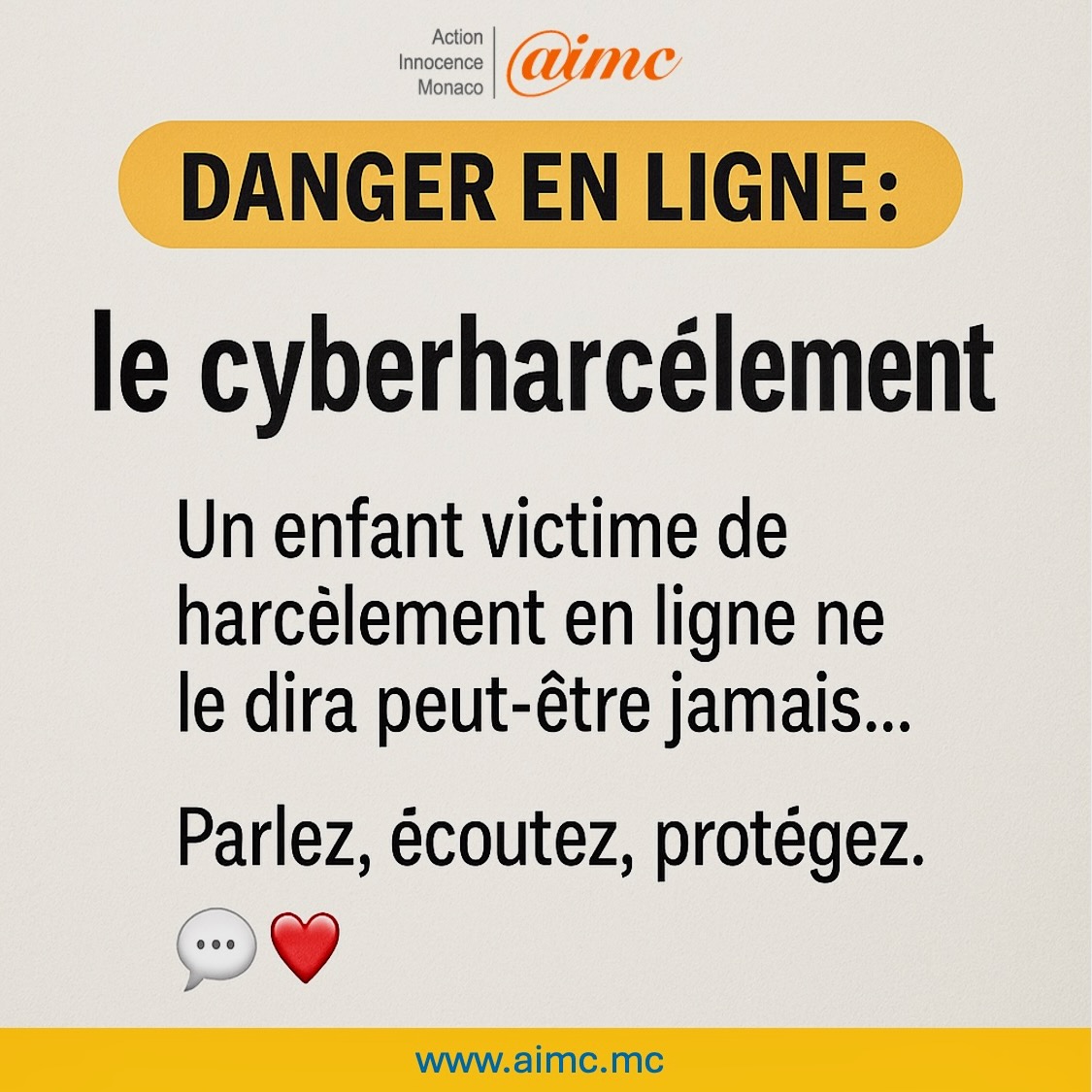 ⚠️ DANGER EN LIGNE : le cyberharcèlement

Le #cyberharcèlement touche de plus en plus d’#enfants et d’#adolescents.

Parce que parler sauve, écouter protège. 💙

📚 Pour en savoir plus 👉@unicef_france 👇 
unicef.fr/sites/default/…

#AIMCnews #ParentalitéNumérique #InternetDanger