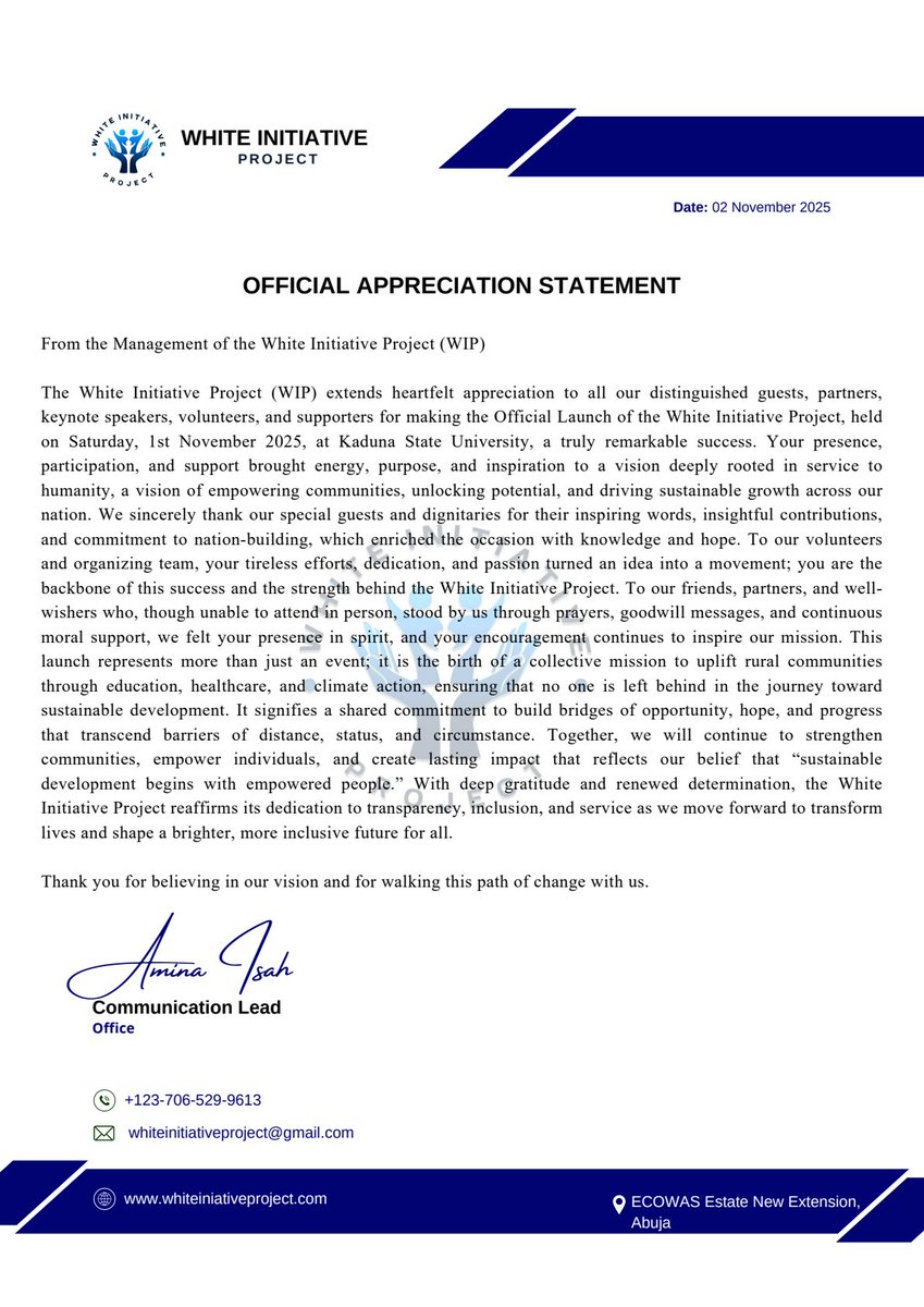 WIProject_ng's tweet image. OFFICIAL APPRECIATION STATEMENT

With profound gratitude,
Communication Lead
