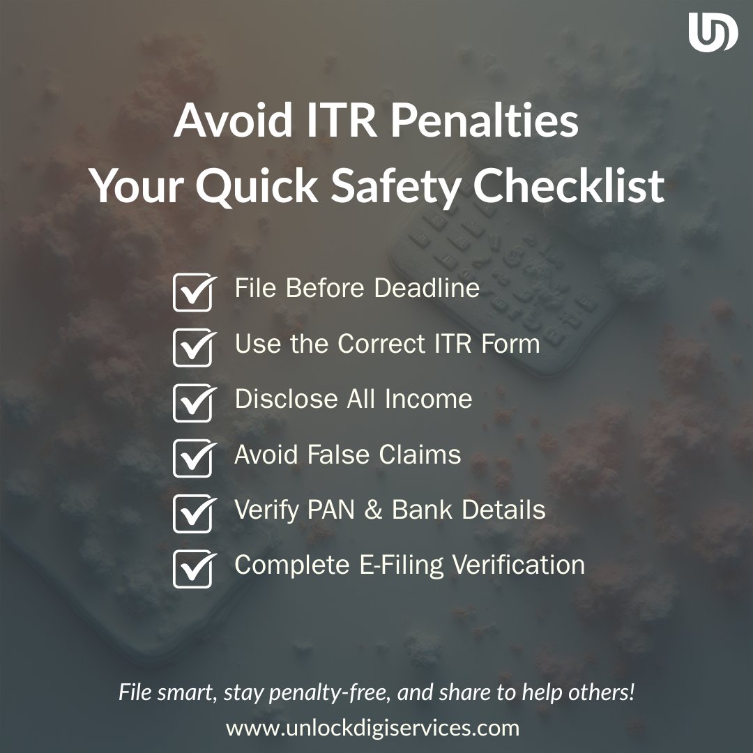 UD_digiservices's tweet image. Don&apos;t let ITR penalties stress you out! 😩 Our quick safety checklist makes filing a breeze 💨 and helps you avoid common mistakes.

#ITR #TaxSeason #FileSmart #PenaltyFree #TaxTips #IncomeTax #TaxHelp #FinanceTips #SaveMoney #UnlockDigital