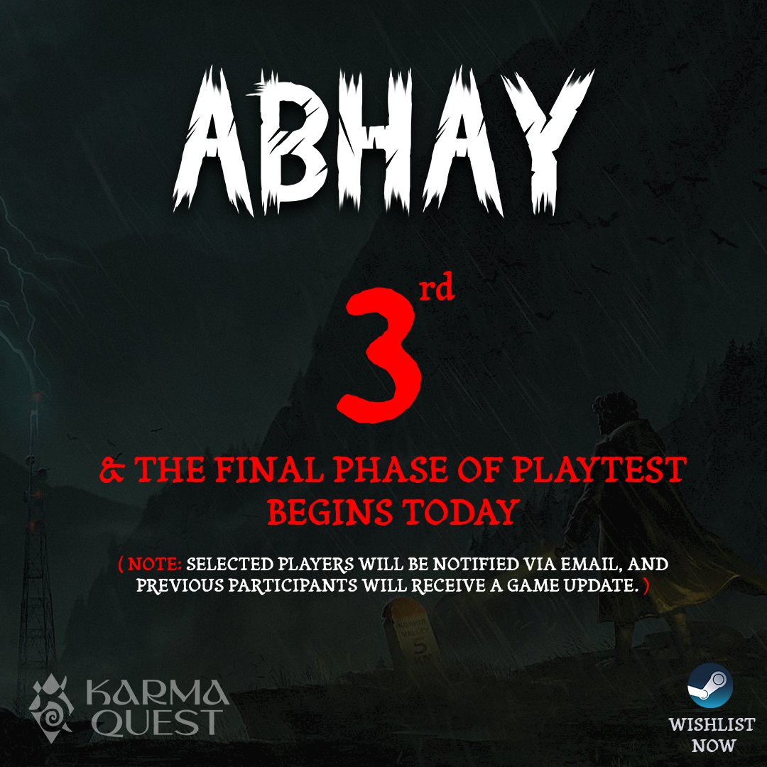 kquestcreations's tweet image. The Final Playtest Phase Begins

The 3rd and last phase of playtesting starts today!
Selected players will be notified via email, and previous testers will receive the latest game update.

🕹️ Wishlist on Steam: store.steampowered.com/app/3715210/Ab…

#AbhayGame #IndieGame