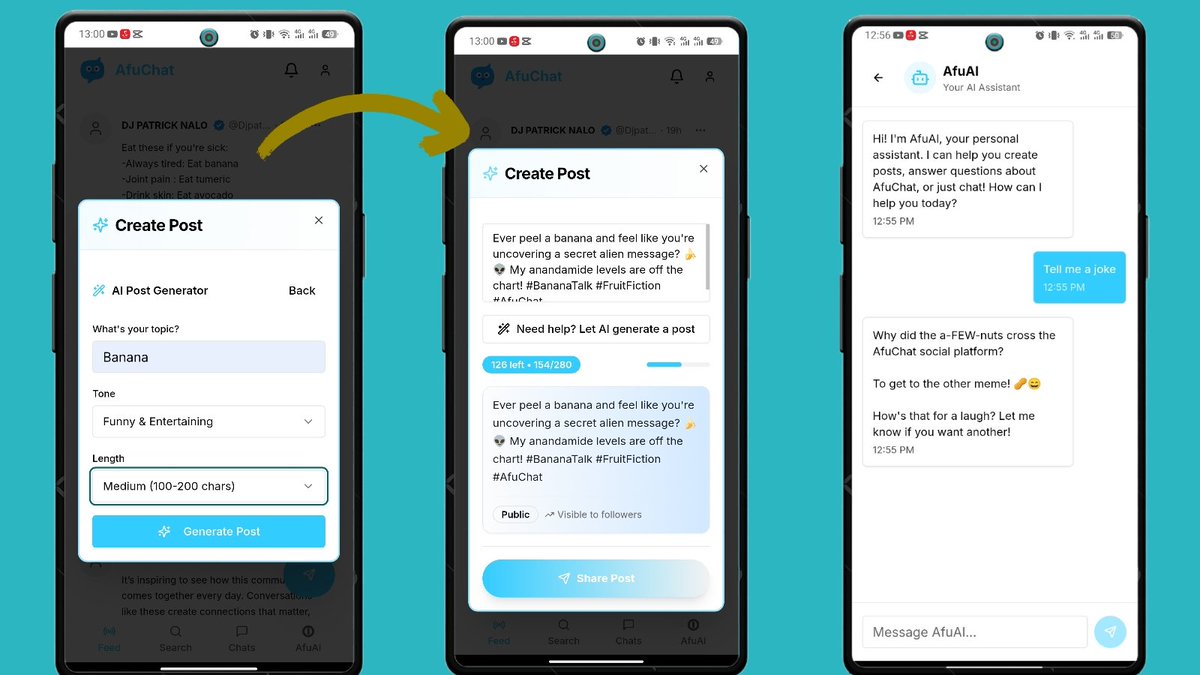 afuchat's tweet photo. AfuChat just leveled up.
Meet AfuAI — your built-in assistant that helps you create posts, answer questions, and spark ideas instantly.

Smarter conversations. Effortless creativity. All in one place.

Try it now → https://t.co/Zt045yvW3K
#AFUCHAT #NEW https://t.co/SGHx0Vn6b9
