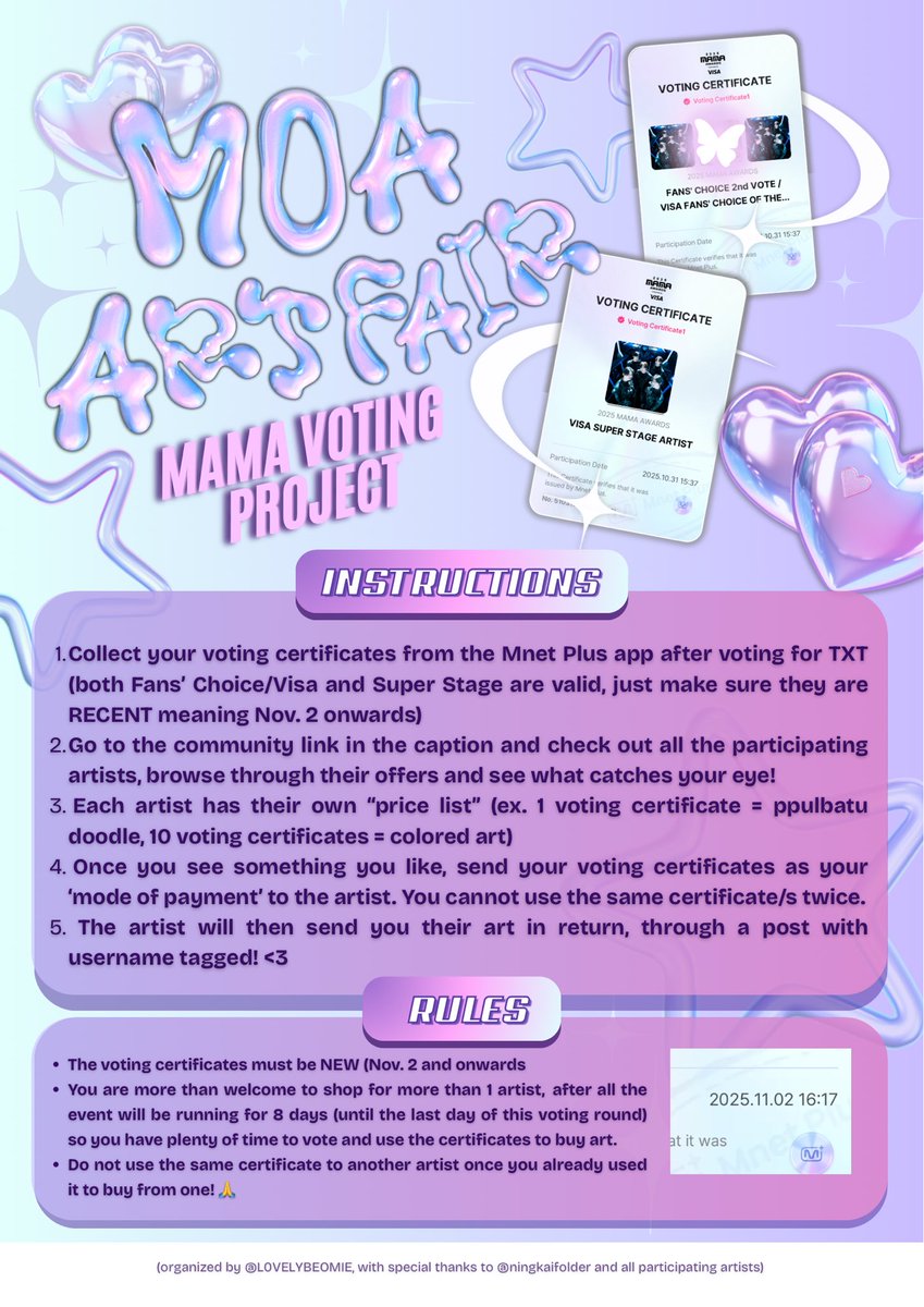 [🩵 MOA ART FAIR: MAMA VOTING PROJECT 🩵]

a special voting project where your support for TXT will also support MOA artists along the way! 🎨💜

join the community ⬇️:
🔗 x.com/i/communities/…￼

📌 INSTRUCTIONS:
1. collect your voting certificates (Nov. 2 onwards) after