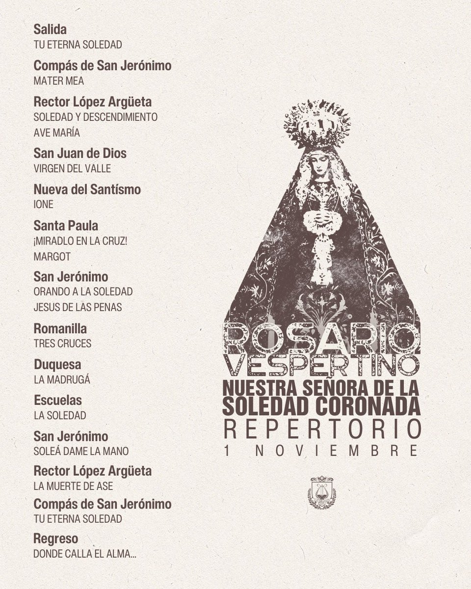 ⚫️ 𝐒𝐨𝐥𝐞𝐝𝐚𝐝 𝐒𝐚𝐧 𝐉𝐞𝐫ó𝐧𝐢𝐦𝐨 • 𝐑𝐨𝐬𝐚𝐫𝐢𝐨 𝐕𝐞𝐬𝐩𝐞𝐫𝐭𝐢𝐧𝐨

Relación de marchas interpretadas en el 𝐑𝐨𝐬𝐚𝐫𝐢𝐨 𝐕𝐞𝐬𝐩𝐞𝐫𝐭𝐢𝐧𝐨 con motivo del 𝐈 𝐂𝐞𝐧𝐭𝐞𝐧𝐚𝐫𝐢𝐨.

📸 <a href="/lalocuracofrade/">LaLocuraCofrade</a> 

#SuenaSanSebastián • <a href="/Hdad_ChiasGR/">Soledad y Descendimiento</a>