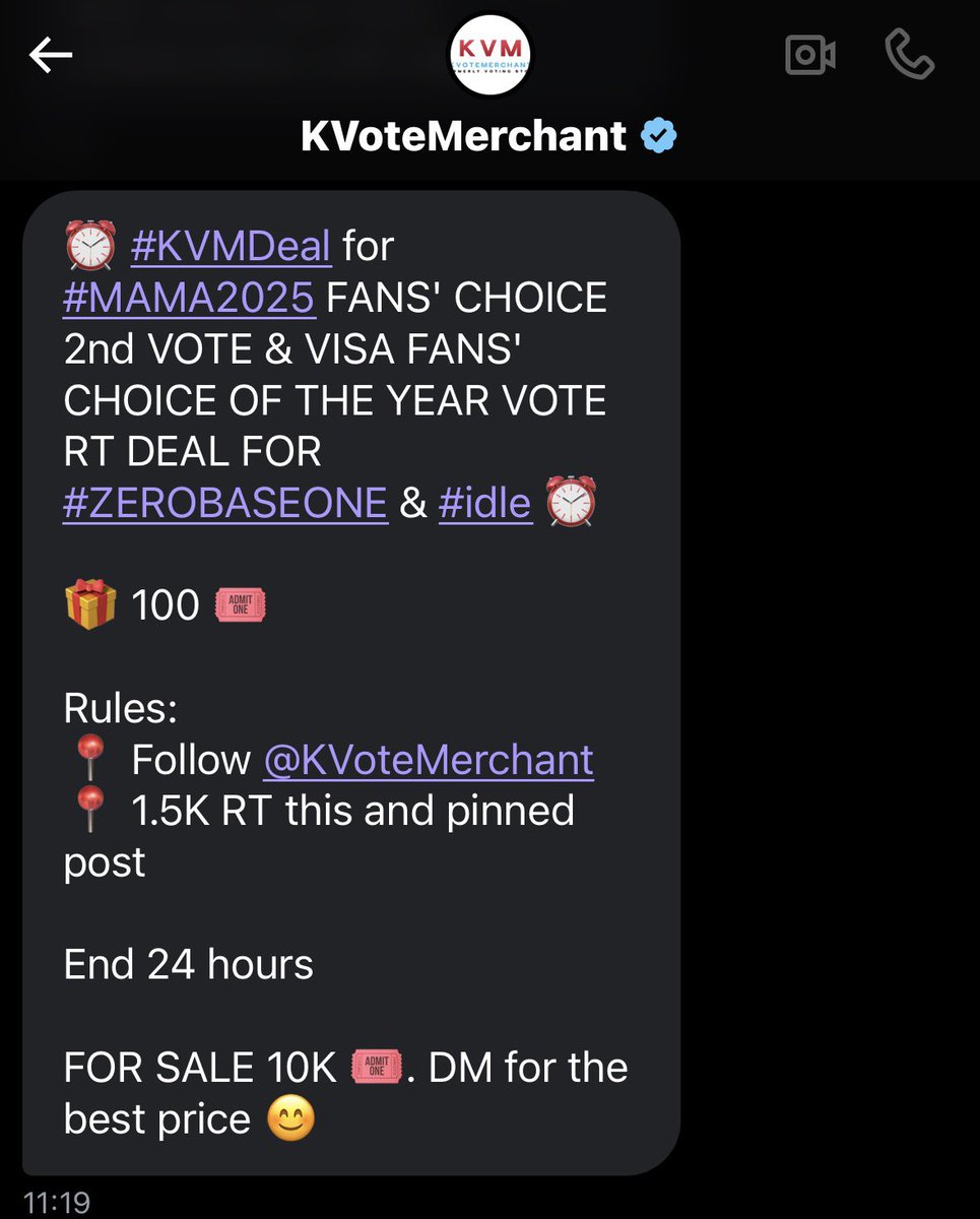 [📢 RT DEAL]

⏰️ #KVMDeal for #MAMA2025 FANS' CHOICE 2nd VOTE &amp; VISA FANS' CHOICE OF THE YEAR VOTE RT DEAL FOR #ZEROBASEONE &amp; #idle

100 VOTES 🎟

Rules:
📍 Follow <a href="/KVoteMerchant/">KVoteMerchant</a>
📍 1.5K RT this and pinned post (ONLY RT, no proofs needed) 

End 24 hours

FOR SALE 10K 🎟. DM for