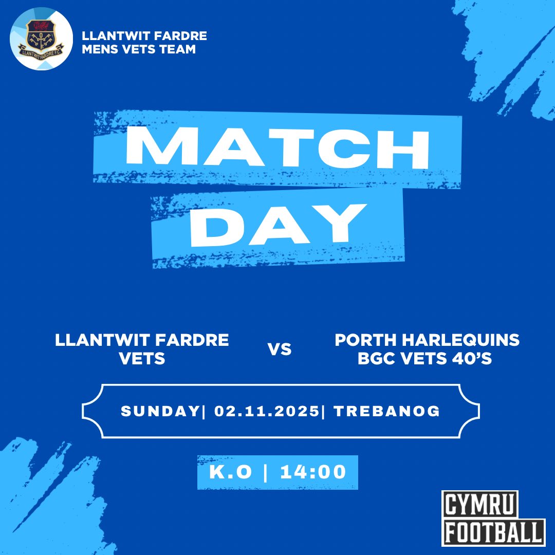 Game day for our youths and vets today! Our youth blues and vets are away but the youth are home at Central Park, all support is appreciated🔵

#VivaLaFardre #LlantwitFardreFC
