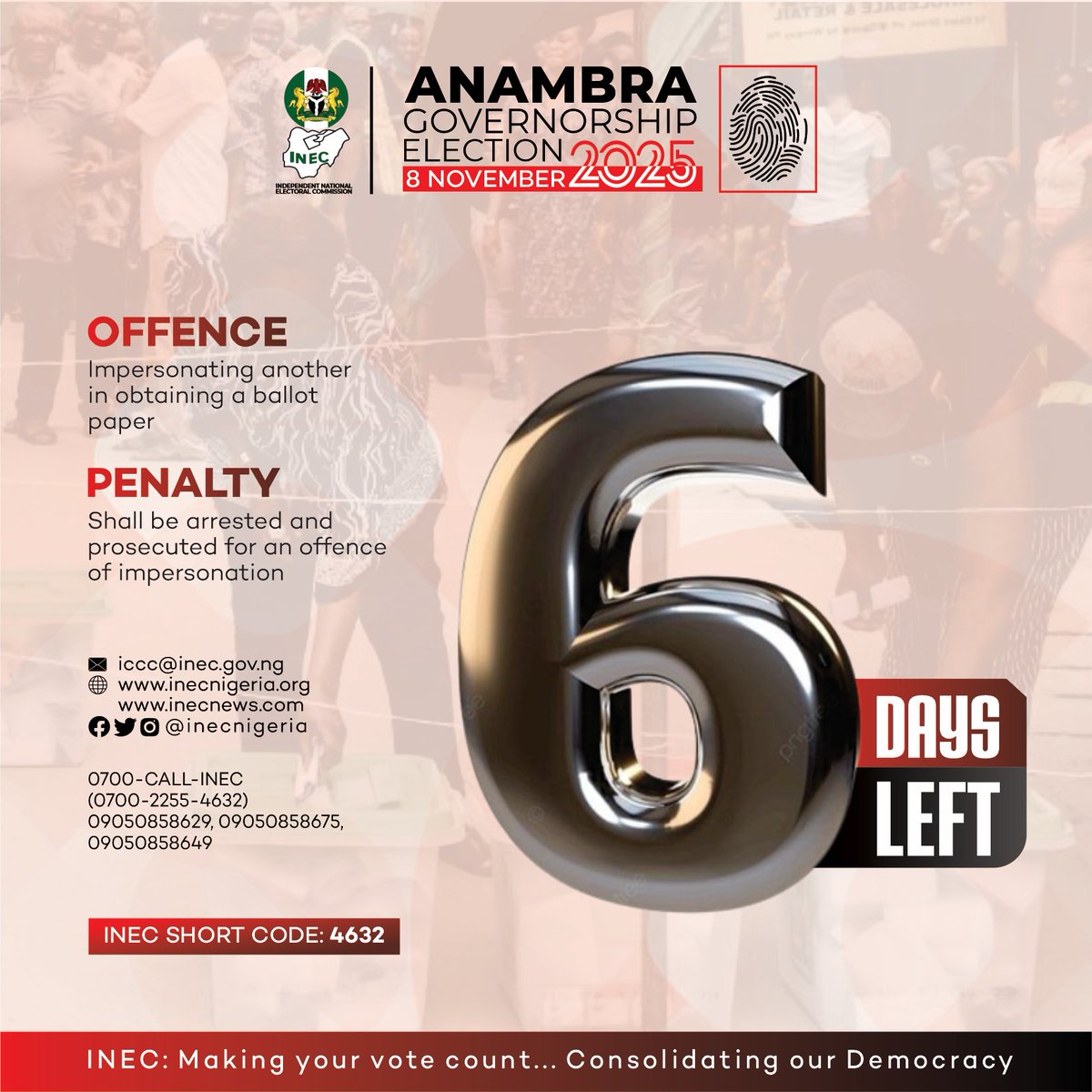 #CountdownToAnambraDecides2025 
🗳️ The clock is ticking, Ndi Anambra!
Only 6 days until we decide our future.
Your vote, your power, your voice!