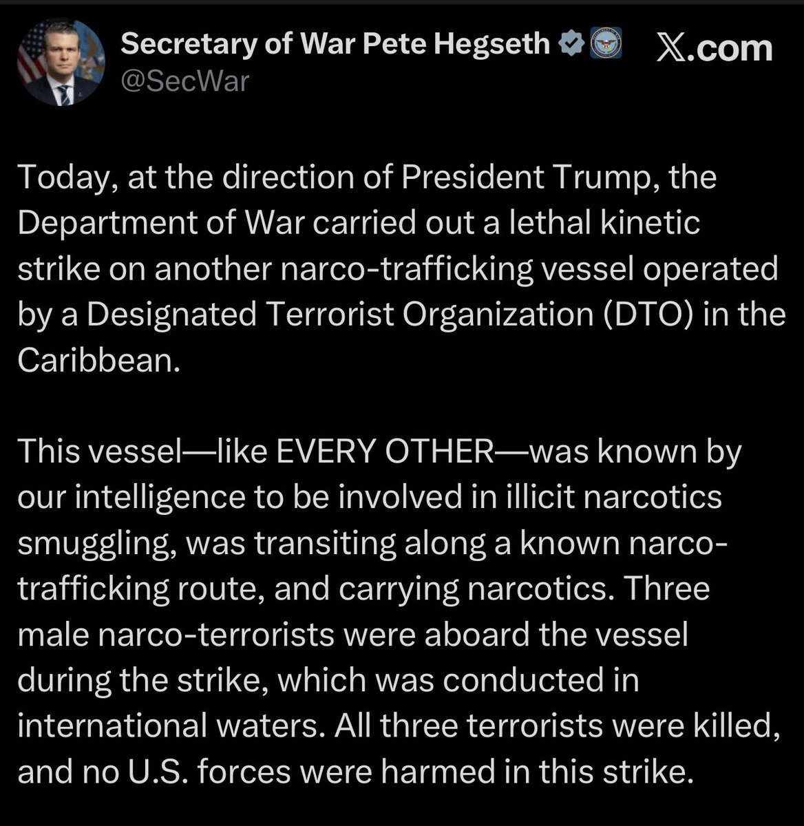 Trump, Hegseth, and senior military commanders murdered 3 more people last night and the homicides near 100 people, and they expect you to take their word for it that they were transporting drugs and accept it. They murder whoever they want whenever they want.