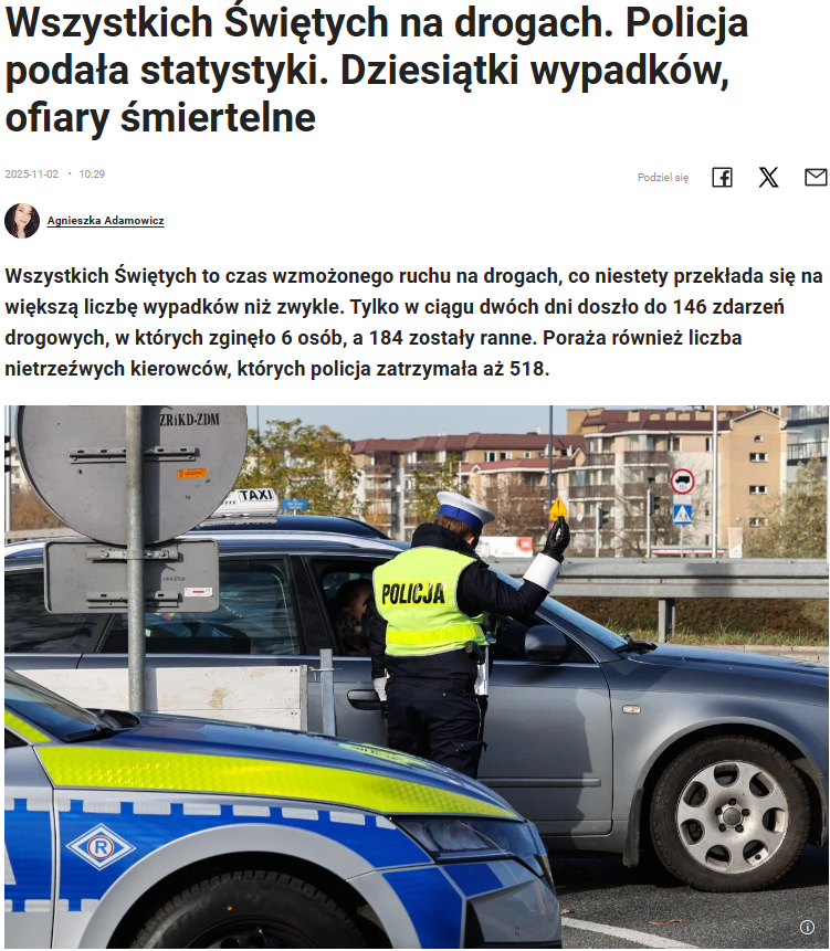 Zabawa w „Wszystkich Świętych” w Polsce skończyła się śmiercią 6 osób i obrażeniami u kolejnych 184.
„Obchody” Wszystkich Świętych w Polsce to ogólnie wyjątkowo debilny pomysł.
Zajmijcie się chodzeniem piechotą po cukierki od sąsiadów, a nie jeżdżeniem samochodami na cmentarze.