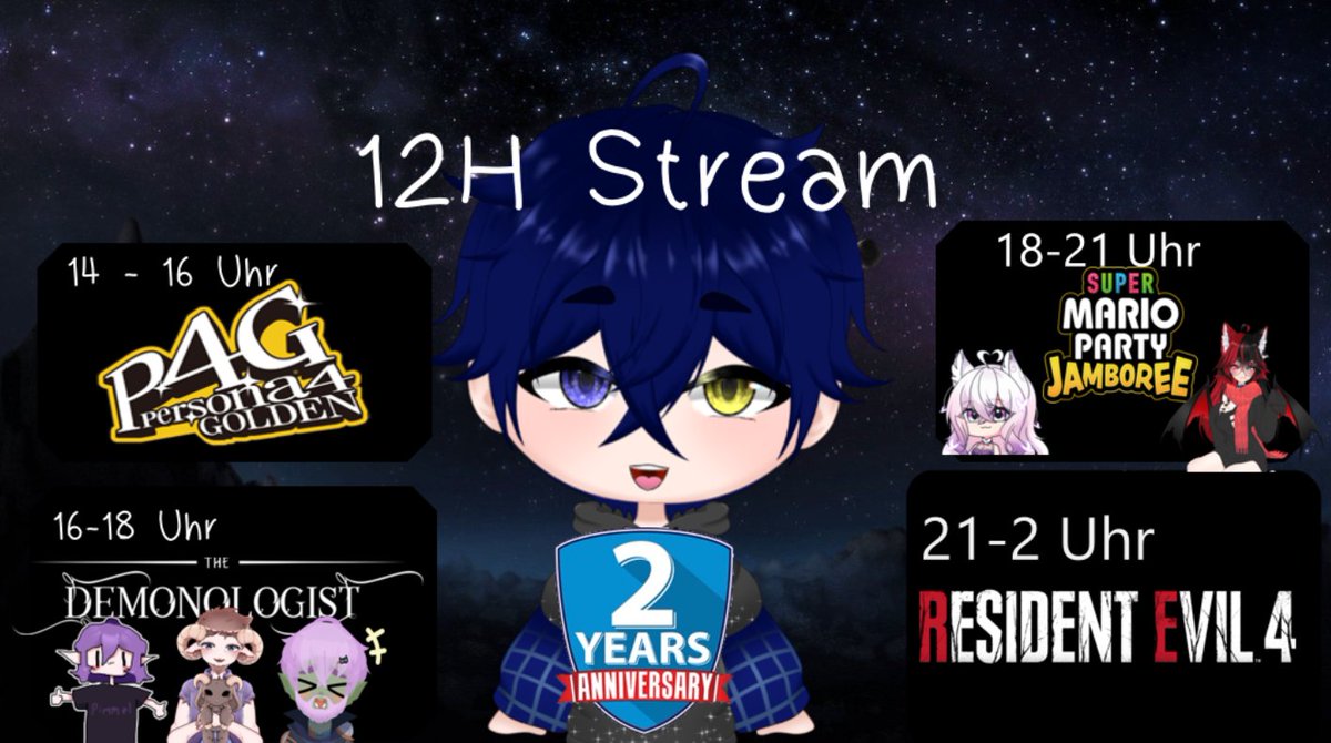 Heute 12 Stunden Stream :D
2 Jahre Affiliate :D
mit Coolen Gästen 
Demonlogist: <a href="/SoHoshiko/">SoHoshiko | Witch Vtuber</a> <a href="/FayMyan/">FayMyan</a> <a href="/Lucarim1/">Lucarim (re-debut coming soon)</a> 
Mario party: <a href="/EisKookie/">EisKookie 💜</a> <a href="/KakaoChanx/">KakaoChan︱Re-Debut Soon!</a> 
#GERVtuber