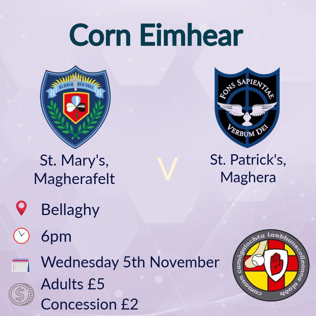 Link for tickets for Wednesday's Corn Eimhear final in Bellaghy 6pm

<a href="/StPatsMaghera/">St Patrick's College</a> v <a href="/StMarysGSM/">StMarysMagherafelt</a> Magherafelt

Admission is by ticket ONLY.

<a href="/UlsterCamogie/">Ulster Camogie</a> <a href="/DerryCamogie1/">Derry Camogie</a> <a href="/CamogieAontroim/">Antrim Camogie</a> <a href="/OfficialCamogie/">The Camogie Association</a>

universe.com/events/ulster-…