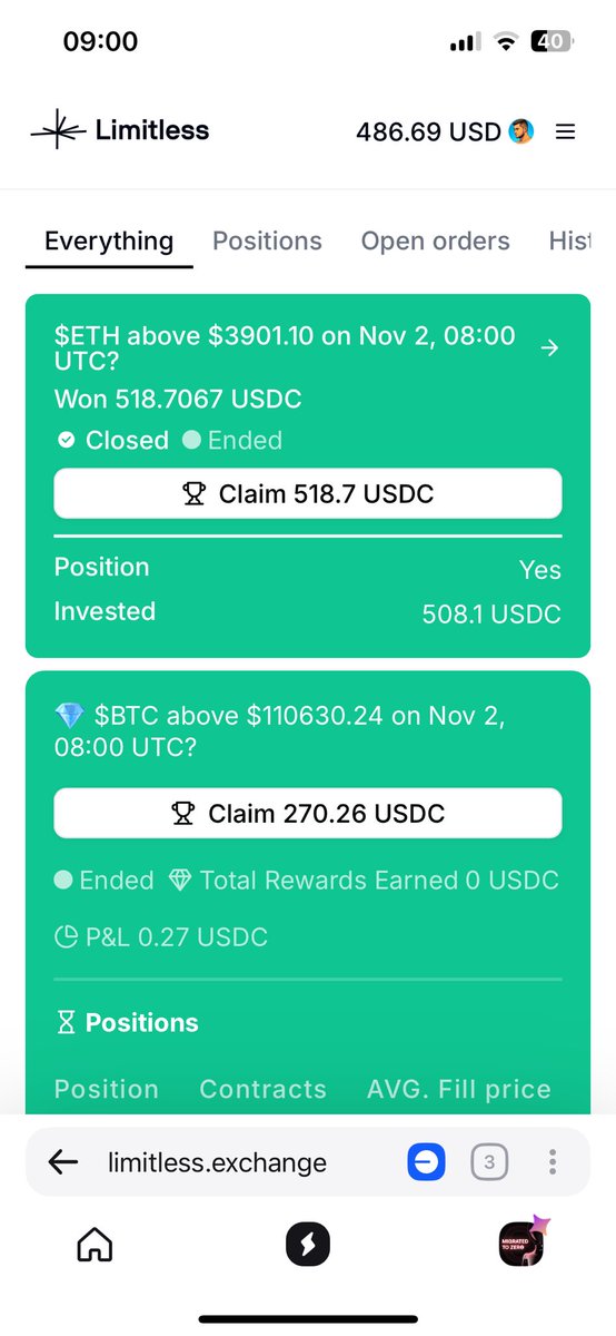 0x500k's tweet image. Gm limitlessians

$518.7 USDC CLAIMED! 🥳 Another easy win on Limitless prediction.

If you're not listening to the quack on wallchain, you're leaving money on the table. Simple as that. 

@trylimitless 
@wallchain 
$LMTS
#BASE