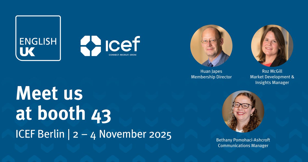 englishuk's tweet photo. If you're at ICEF Berlin @ICEFglobal  join us today at 5pm in the Bellevue Room for a panel discussion featuring industry leaders Ivana Bartosik, Andrew Mangion, Stacey McGee and Lawrence Jackson, moderated by English UK's very own Huan Japes.

Then from tomorrow Roz McGill, Huan Japes and Bethany Pomohaci-Ashcroft will be at booth 43, proudly representing English UK and the #UKELT sector. 

#EnglishUK #ICEF #ELT