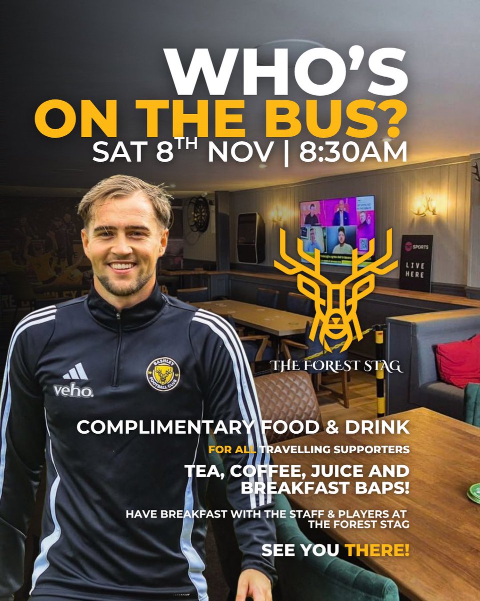 Heading off to Malvern on Saturday 8th November⁉️

Fear not, we’ll be open from 8:30am ready to serve those loyal Black &amp; Gold supporters tea, coffee, juice &amp; breakfast baps ahead of the trip 👊

Don’t worry about payment, this is on the house ⚫️🟡

#WeAreBashley #TheForestStag