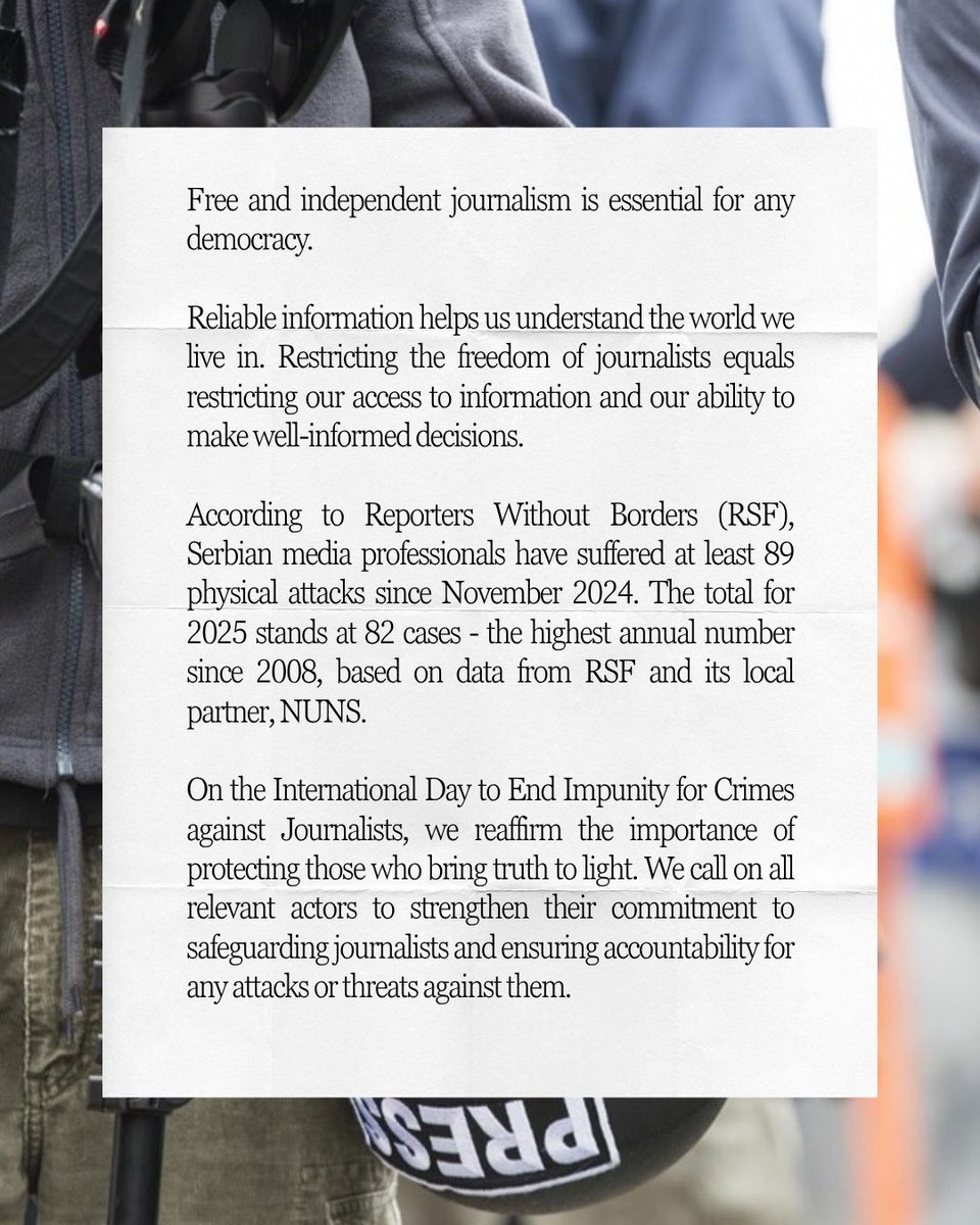 Today is the International Day to End Impunity for Crimes against Journalists. 

<a href="/AustriainSRB/">Embassy of Austria Belgrade</a> <a href="/CanadaSerbia/">Canada in Serbia</a> 

⬇️