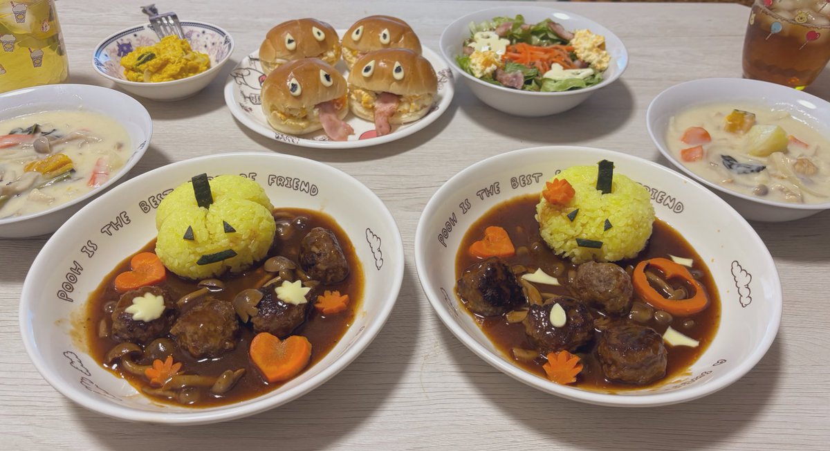 雰囲気で作ったハロウィンごはん🎃
喜んでほしくて頑張ったら作りすぎた

#今日のワンランク下ごはん