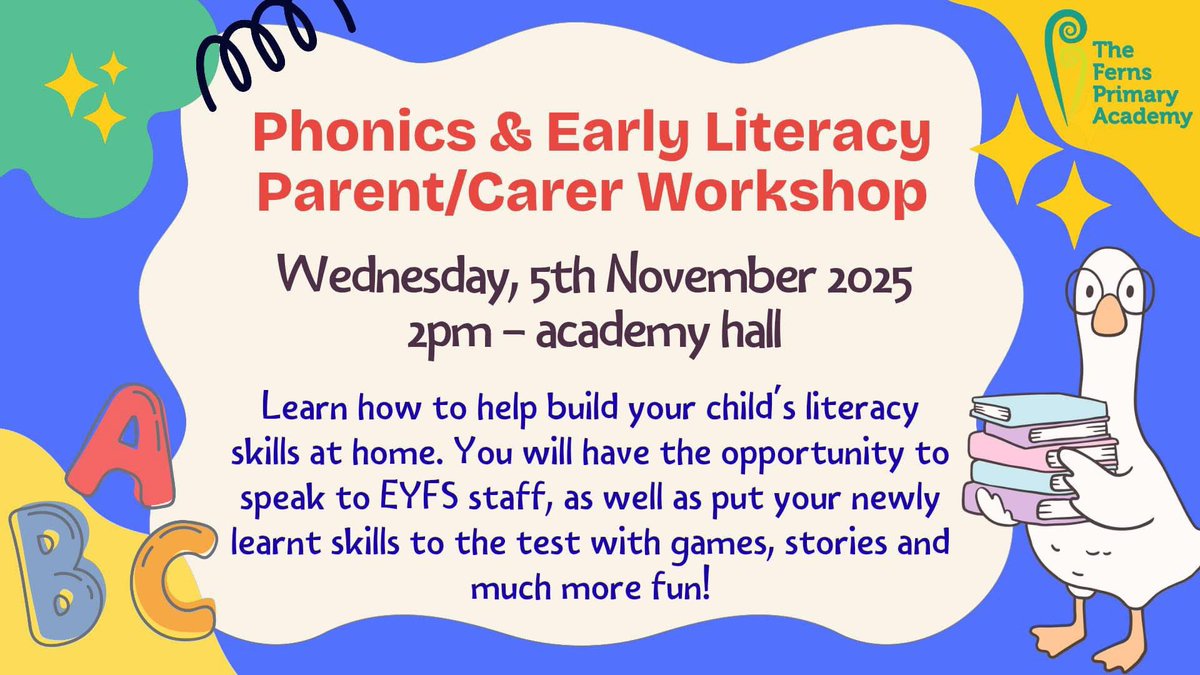 Parents and Carers of Reception children are invited to another Early Reading session.

Date: Wednesday 5th November
Venue: The Ferns Primary Academy 
Time: 2pm

📚We look forward to seeing you there. 📖

#TeamFerns #earlyreadingskills #ELS 
#outcomesfocused #childcentred