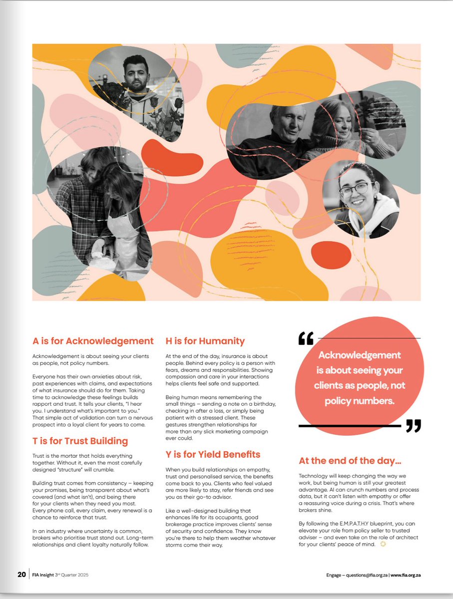 My latest article in the FIA Insights Q3 p.16
E.M.P.A.T.H.Y.-By turning empathy into an acronym and unpacking the values it stands for, we can create a powerful blueprint for building stronger client connections.

fia.org.za/insights/2025-…

#24HourTotalCare #AddingtoLife