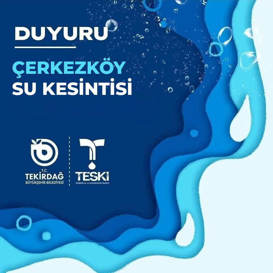 Çerkezköy ilçemiz içmesuyu yenileme çalışmaları kapsamında döşenen yeni nesil düktil içmesuyu şebekesine bağlantı çalışmaları yapılacağından dolayı 03.11.2025 tarihinde saat 08.00 ile 15.00 saatleri arasında 7 saatlik su kesintisi yapılacaktır. Yıldırım Beyazıt mahallesinin bir