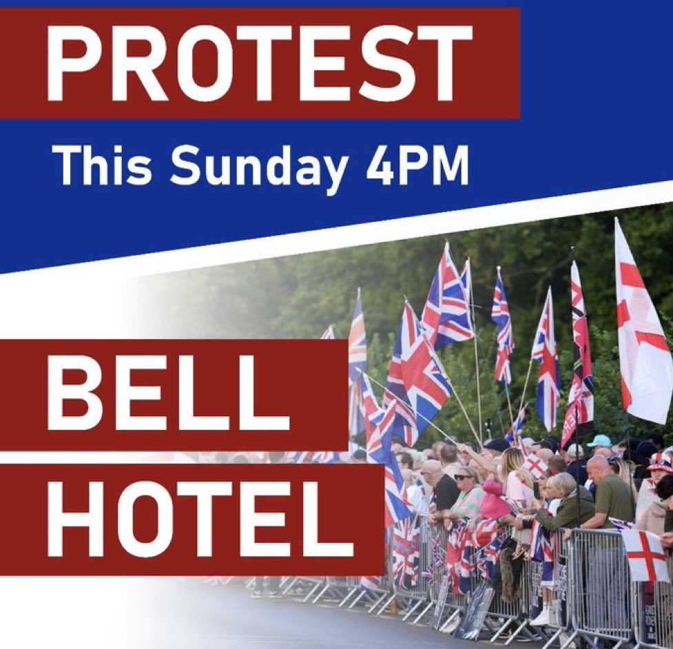 We protest yet again today at 4pm, because we don’t know the history of any of The Bell Hotel migrants, neither do the authorities.
We’ve had sexual assaults, arson, assault, shoplifting, theft, intimidation,harassment,flashing, &amp; defecating in public.

Join our peaceful protest.