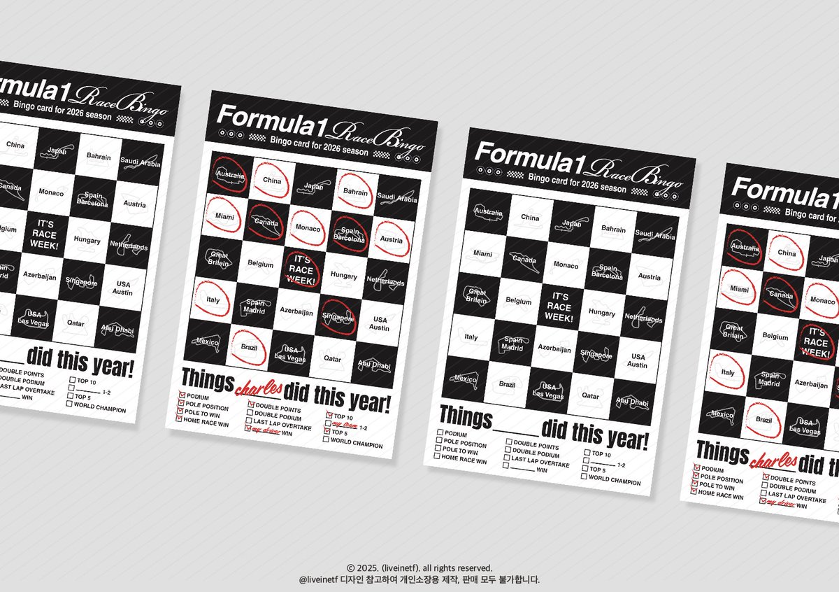 liveinetf's tweet photo. #RT 추첨 원하시는 F1 굿즈 보내드려요!🏎🏁

번호판/표지판/기타피크/컨셉키링 통판🖤
🆕전체특전 2026 에프원 빙고카드

⚠️번호판 키링 D고리->블랙볼체인 변경🙇🏻‍♀️

✅샤를/사인츠/올리/막스/키미/러셀

🗓 11-03 10:00 ~ 11-06 23:30
🔗 https://t.co/3swnpXyApZ https://t.co/vPj7e1AFih