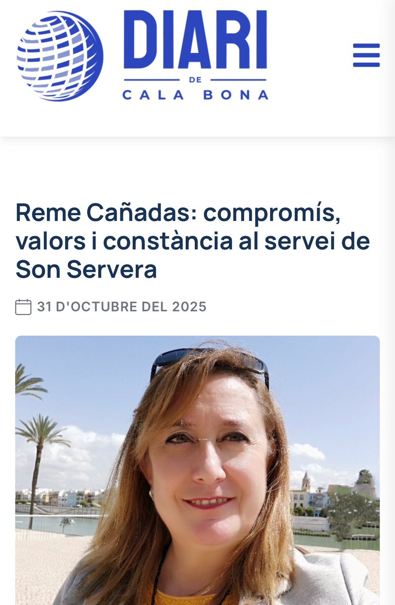 📰 Vos compartim l’entrevista de la companya dels Socialistes de Son Servera, Remedios Cañadas al Diari de Cala Bona.

‘Reme Cañadas: compromís, valors i constància al servei de Son Servera’

📲 Pots llegir l’entrevista completa aquí:

diaridecalabona.com/ca/blog/reme-c…