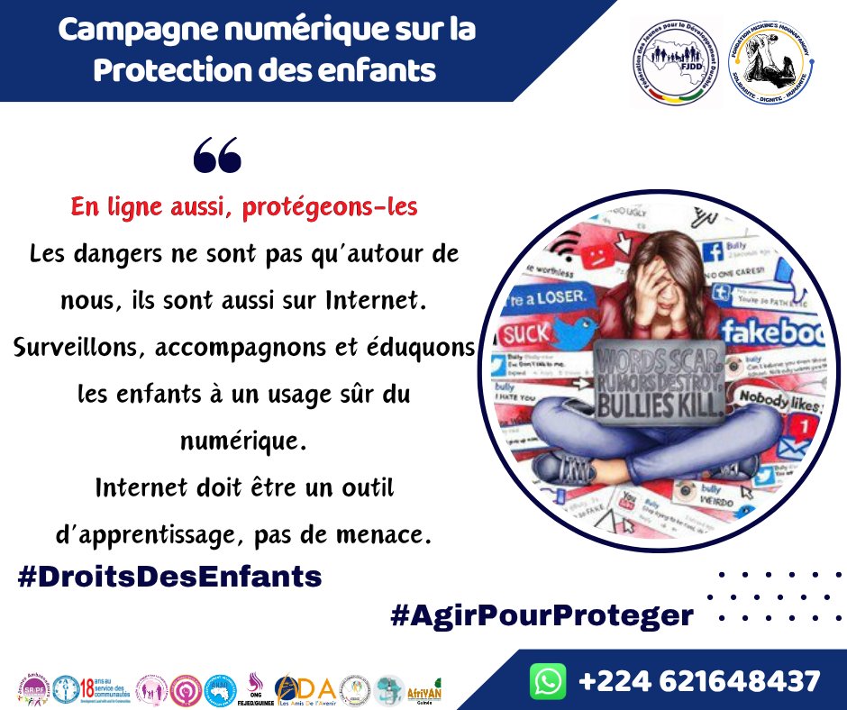 fjddguinee's tweet image. En ligne aussi, protégeons-les.
Les dangers ne sont pas qu’autour de nous, ils sont aussi sur Internet.
Surveillons, accompagnons et éduquons les enfants à un usage sûr du numérique.
Internet doit être un outil d’apprentissage, pas de menace.
#ProtectionNumérique 
#SécuritéEnLign