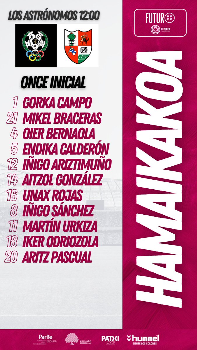 1️⃣1️⃣ Este es el once elegido por 
<a href="/aritzdelarosa/">aritz</a> para enfrentarnos al <a href="/CDSANI/">CD SAN IGNACIO</a> 
 
#AupaZamudio