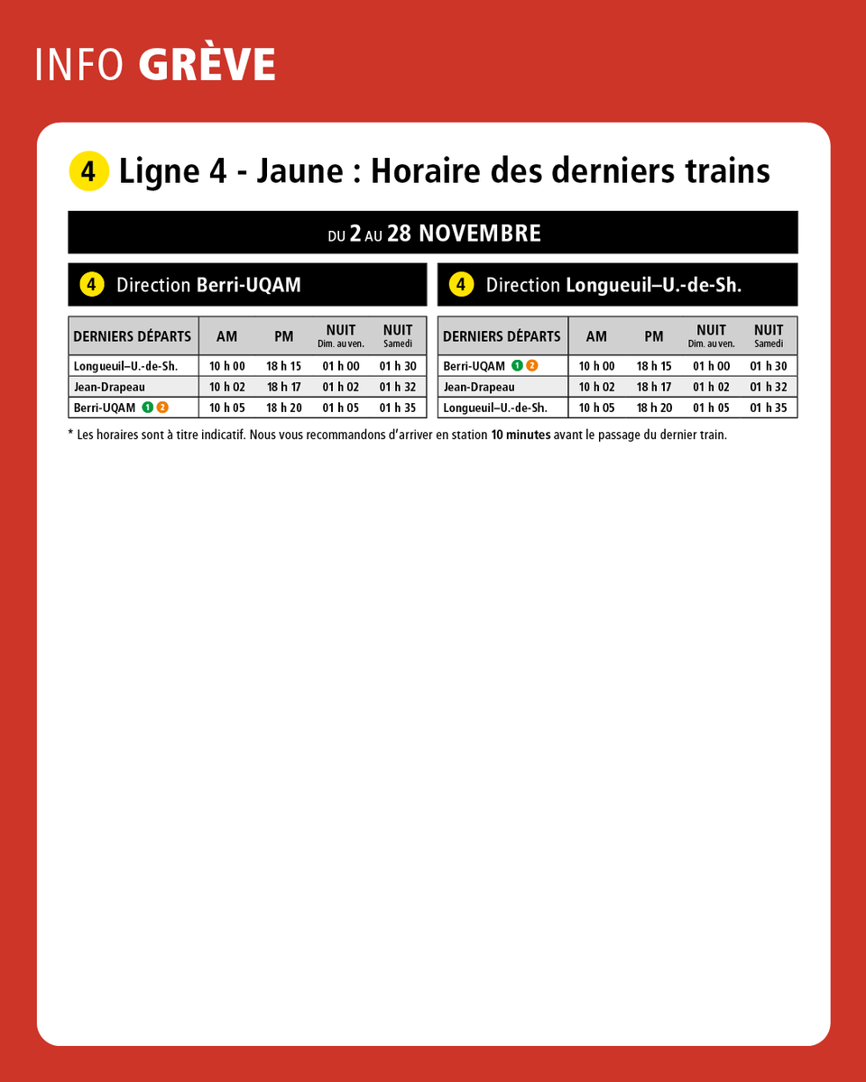 Info grève] ⚠️‼️ Les horaires restreints débutent aujourd'hui. Le service  métro est offert en heures de pointe AM, PM et en fin de soirée toute la  semaine, incluant la fin de semaine,, image size:960x1200
