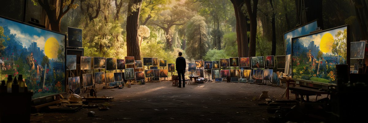 In this clearing, where the forest's breath is a soft hush and golden light filters through ancient trees, stands the creator. They are encircled by a world of their making: a panorama of canvases, from the monumental pieces with their vivid blue skies, colossal yellow suns, and