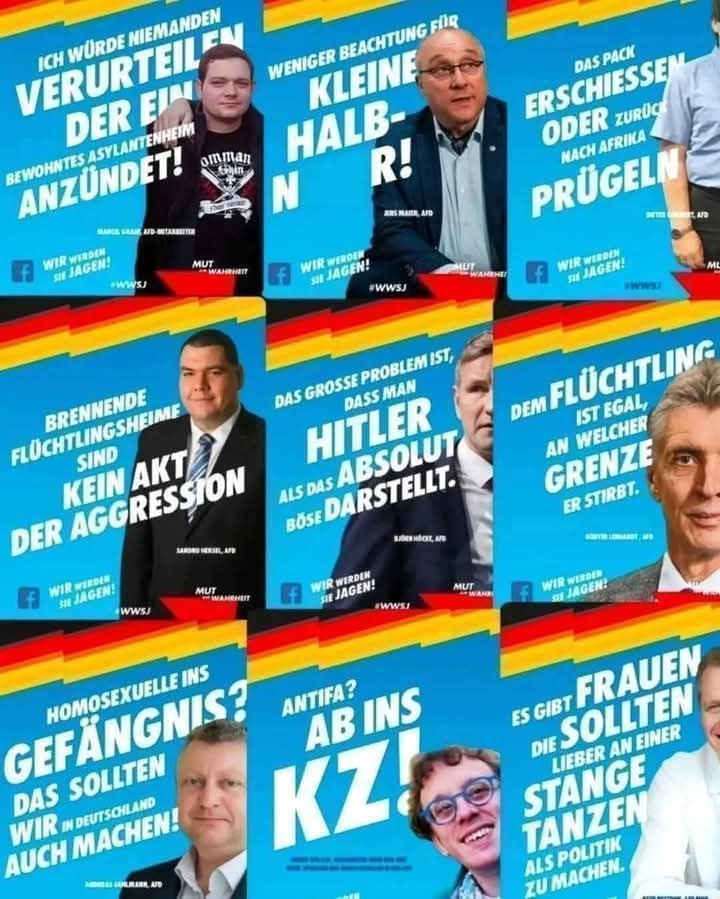 Liebe Mitmenschen, es muss euch doch zuwider sein, solchen Gestalten eure demokratische Stimme zu geben. 
Kritisch auf andere Parteien zu schauen ist legitim, Protest ist legitim, doch sich selbst und andere ins Unglück stürzen ist nicht legitim. 
SCHÜTZT BITTE DIE DEMOKRATIE 🙏